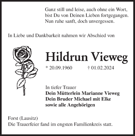 Traueranzeige von Hildrun Vieweg von Lausitzer Rundschau