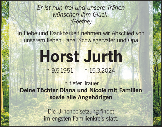 Traueranzeige von Horst Jurth von Lausitzer Rundschau