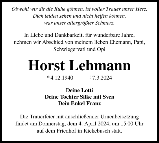 Traueranzeige von Horst Lehmann von Lausitzer Rundschau