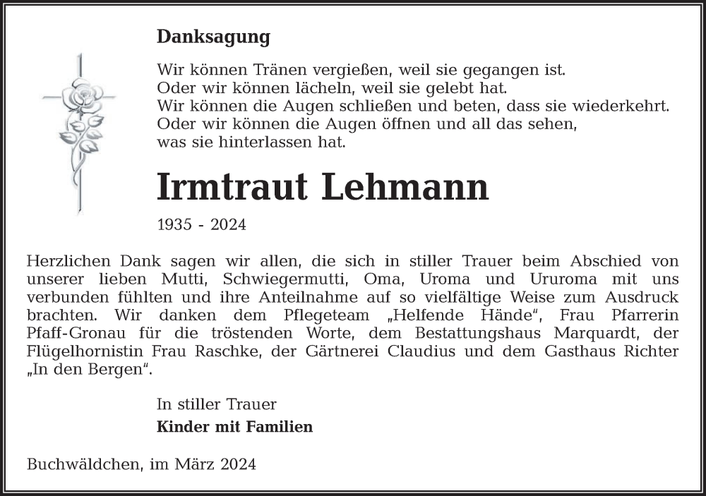  Traueranzeige für Irmtaut Lehmann vom 09.03.2024 aus Lausitzer Rundschau