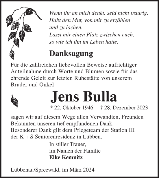 Traueranzeige von Jens Bulla von Lausitzer Rundschau