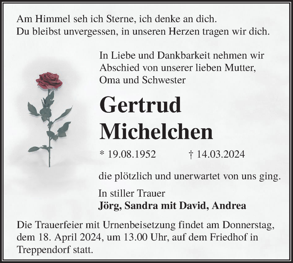  Traueranzeige für JörGertrud Michelchen vom 30.03.2024 aus Lausitzer Rundschau