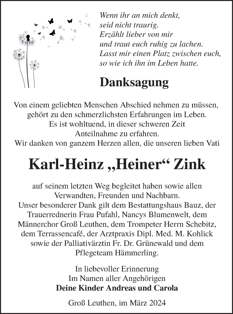  Traueranzeige für Karl-Heinz Zink vom 23.03.2024 aus Lausitzer Rundschau
