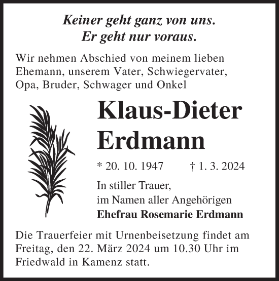 Traueranzeige von Klaus-Dieter Erdmann von Lausitzer Rundschau