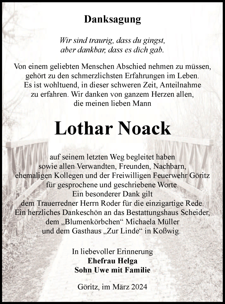  Traueranzeige für Lothar Noack vom 09.03.2024 aus Lausitzer Rundschau