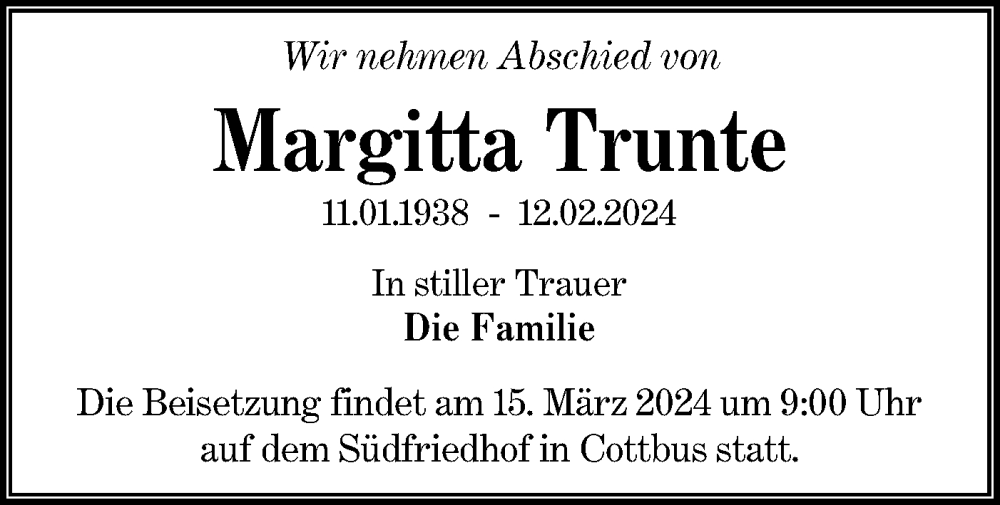  Traueranzeige für Margitta Trunte vom 02.03.2024 aus Lausitzer Rundschau