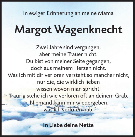 Traueranzeige von Margot Wagenknecht von Lausitzer Rundschau