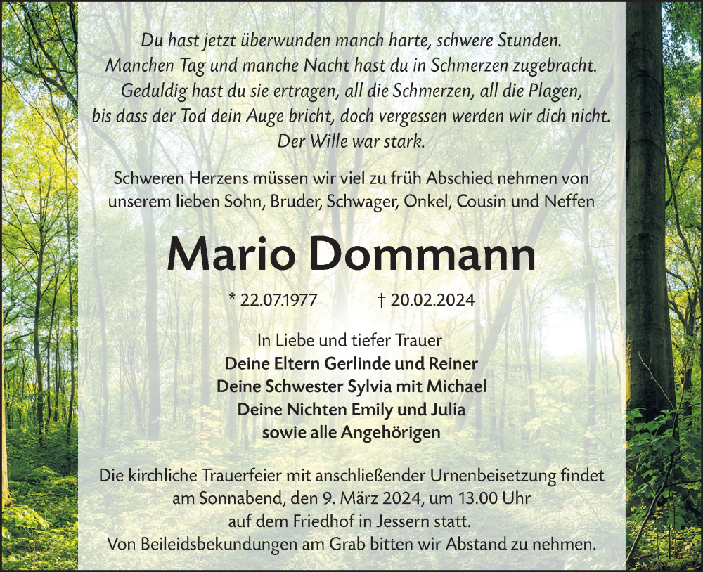  Traueranzeige für Mario Dommann vom 02.03.2024 aus Lausitzer Rundschau