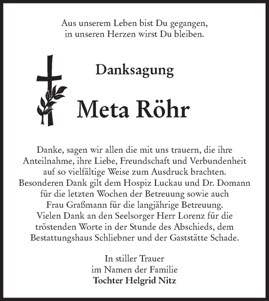 Traueranzeige von Meta Röhr von Lausitzer Rundschau
