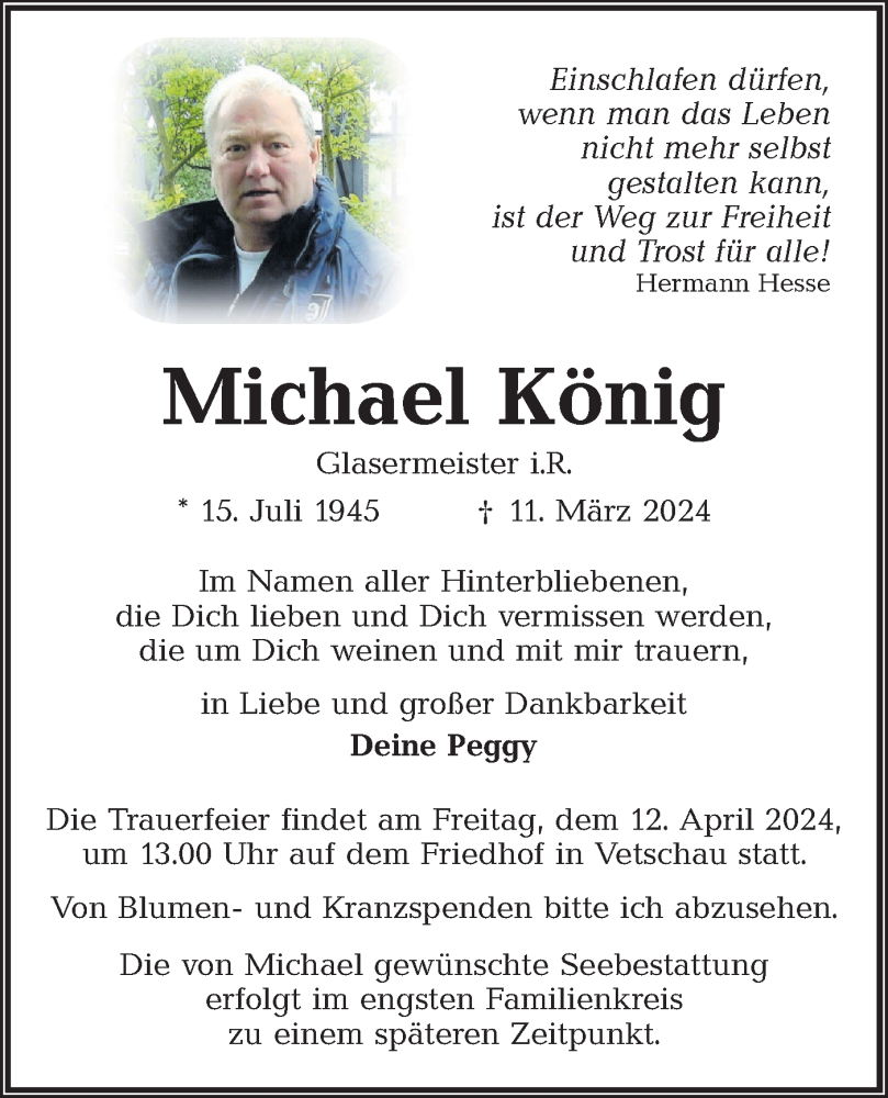  Traueranzeige für Michael König vom 23.03.2024 aus Lausitzer Rundschau