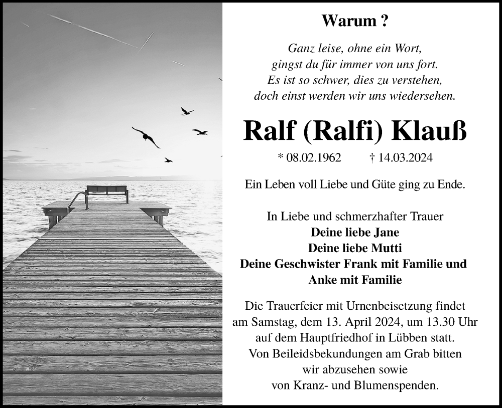  Traueranzeige für Ralf Klauß vom 23.03.2024 aus Lausitzer Rundschau