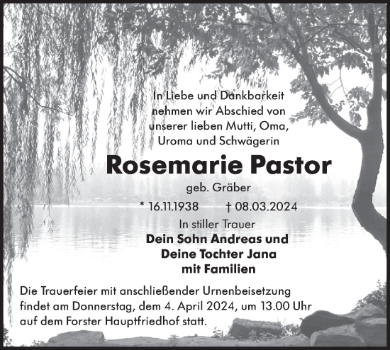Traueranzeige von Rosemarie Pastor von Lausitzer Rundschau