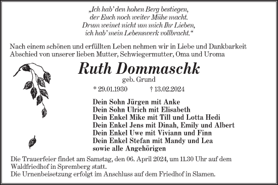 Traueranzeige von Ruth Dommaschk von Lausitzer Rundschau