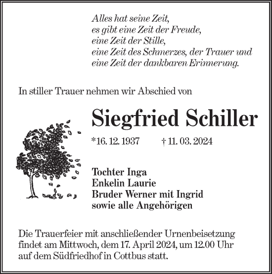 Traueranzeige von Siegfried Schiller von Lausitzer Rundschau