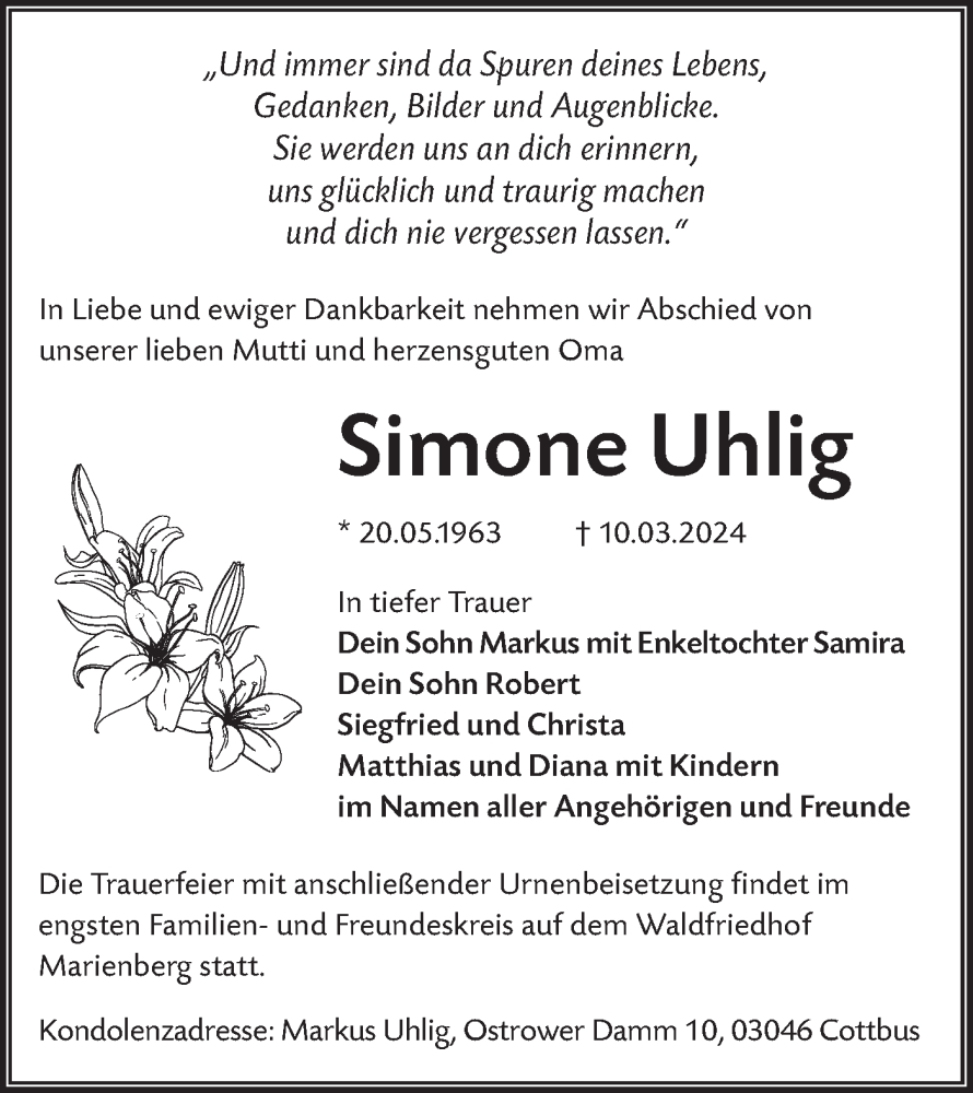  Traueranzeige für Simone Uhlig vom 23.03.2024 aus Lausitzer Rundschau