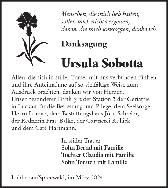Traueranzeige von Ursula Sobotta von Lausitzer Rundschau