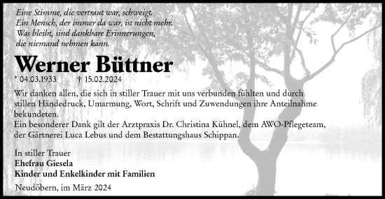 Traueranzeige von Werner Büttner von Lausitzer Rundschau