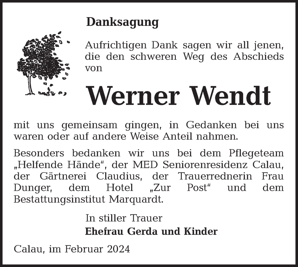  Traueranzeige für Werner Wendt vom 09.03.2024 aus Lausitzer Rundschau