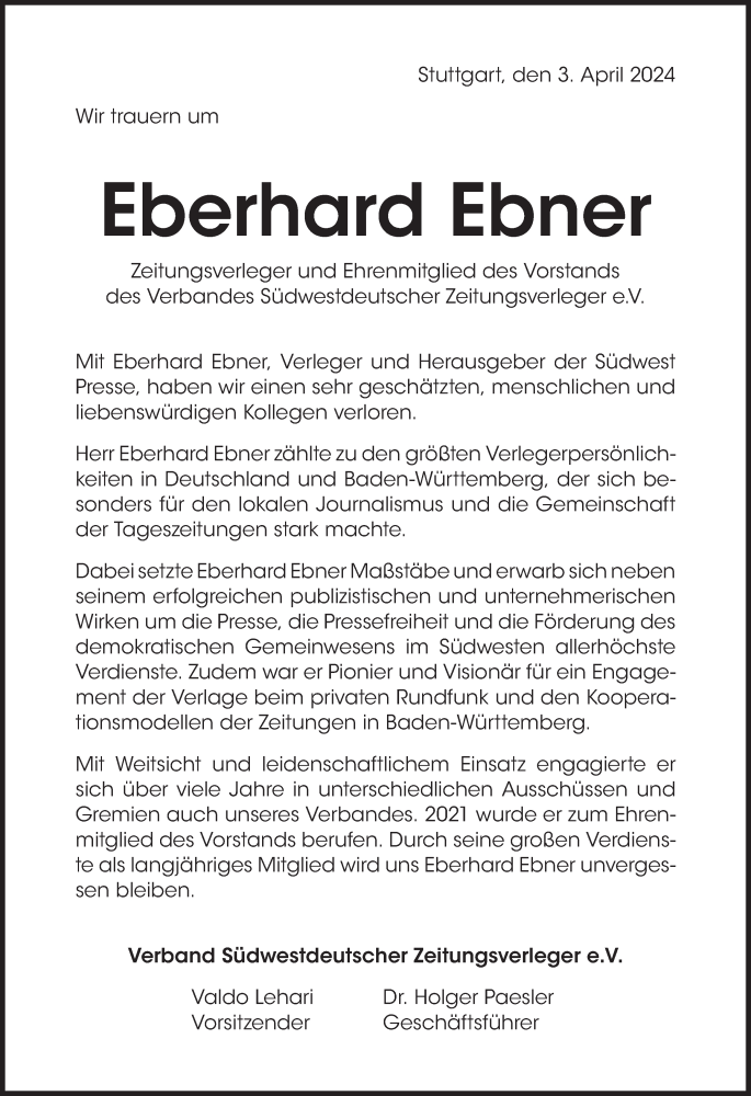  Traueranzeige für Eberhard Ebner vom 03.04.2024 aus Lausitzer Rundschau