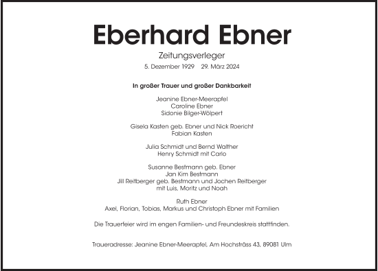 Traueranzeige von Eberhard Ebner von Lausitzer Rundschau
