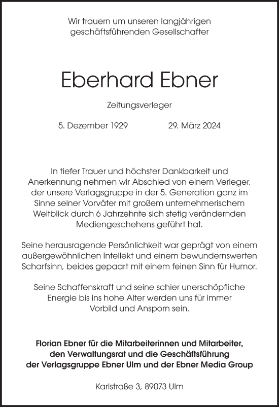 Traueranzeige von Eberhard Ebner von Lausitzer Rundschau