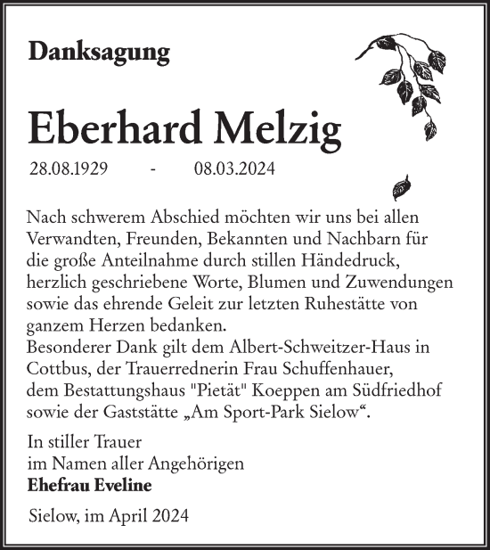 Traueranzeige von Eberhard Melzig von Lausitzer Rundschau