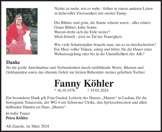 Traueranzeige von Fanny Köhler von Lausitzer Rundschau