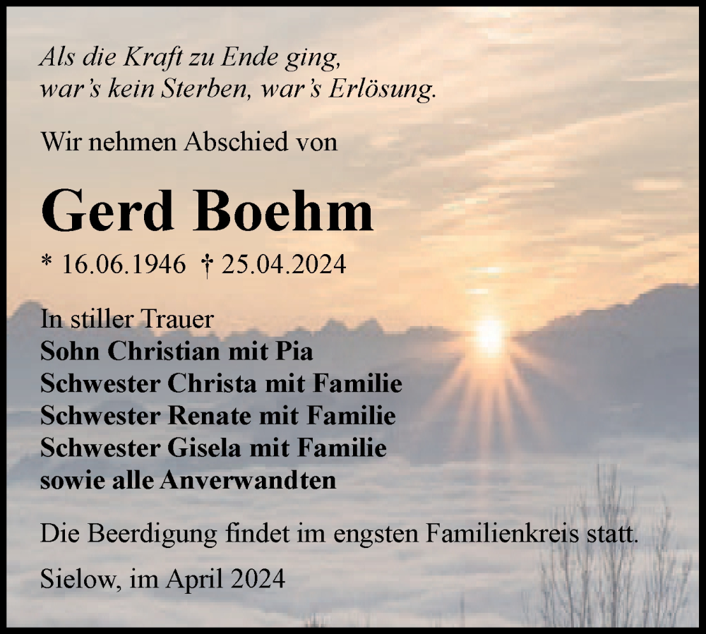  Traueranzeige für Gerd Boehm vom 30.04.2024 aus Lausitzer Rundschau