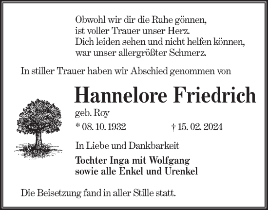 Traueranzeige von Hannelore Friedrich von Lausitzer Rundschau
