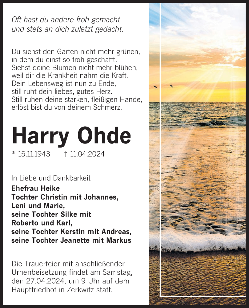  Traueranzeige für Harry Ohde vom 20.04.2024 aus Lausitzer Rundschau