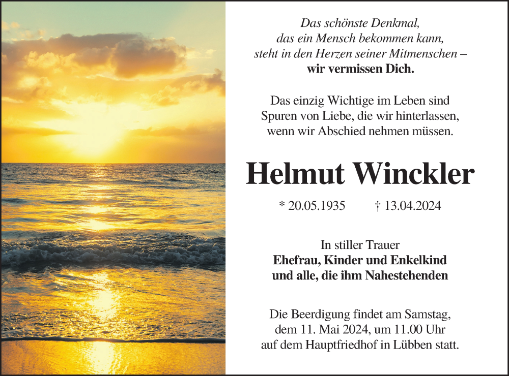 Traueranzeige für Helmut Winckler vom 27.04.2024 aus Lausitzer Rundschau