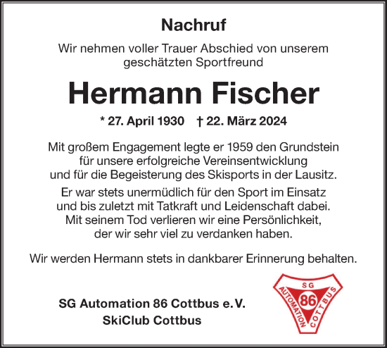 Traueranzeige von Hermann Fischer von Lausitzer Rundschau