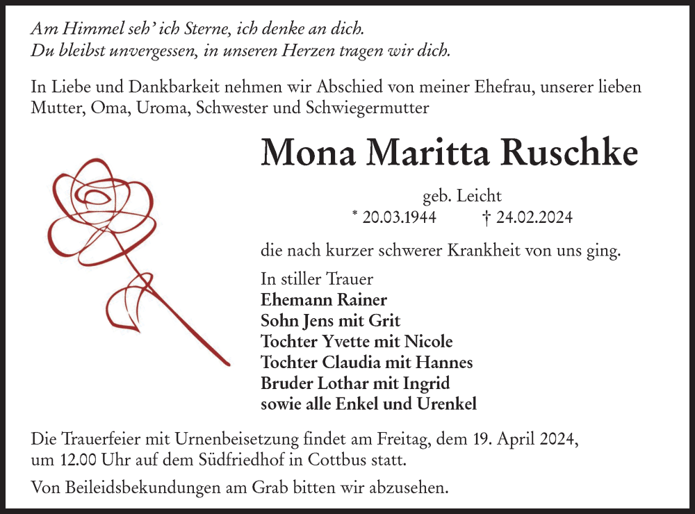  Traueranzeige für Mona Maritta Ruschke vom 06.04.2024 aus Lausitzer Rundschau