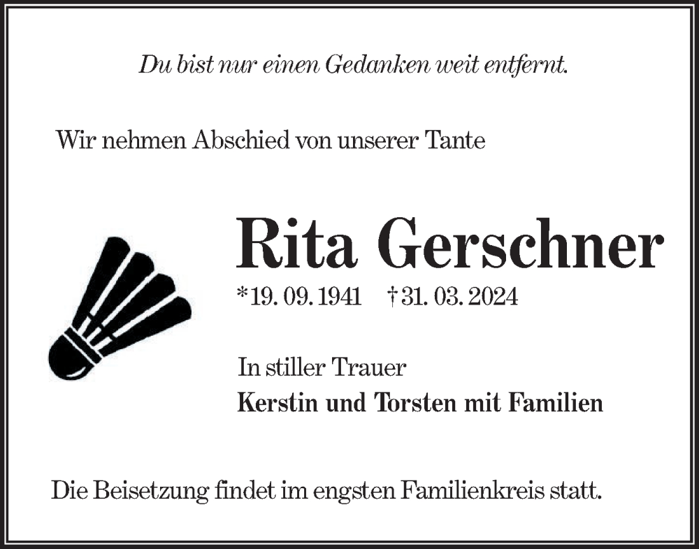  Traueranzeige für Rita Gerschner vom 13.04.2024 aus Lausitzer Rundschau