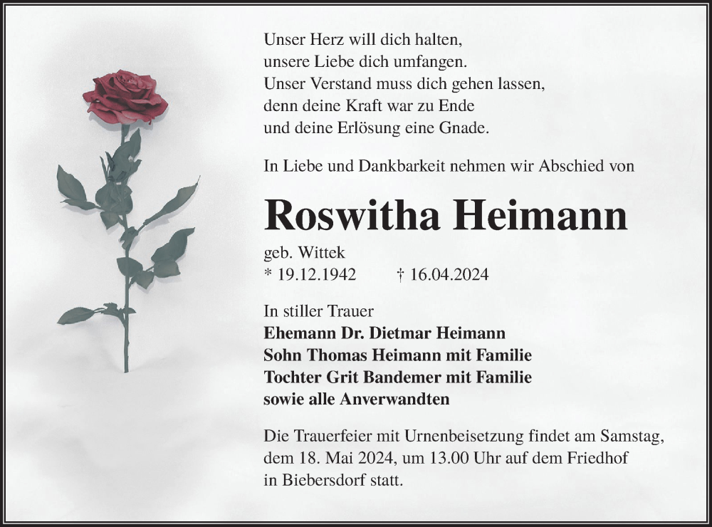  Traueranzeige für Roswitha Heimann vom 27.04.2024 aus Lausitzer Rundschau