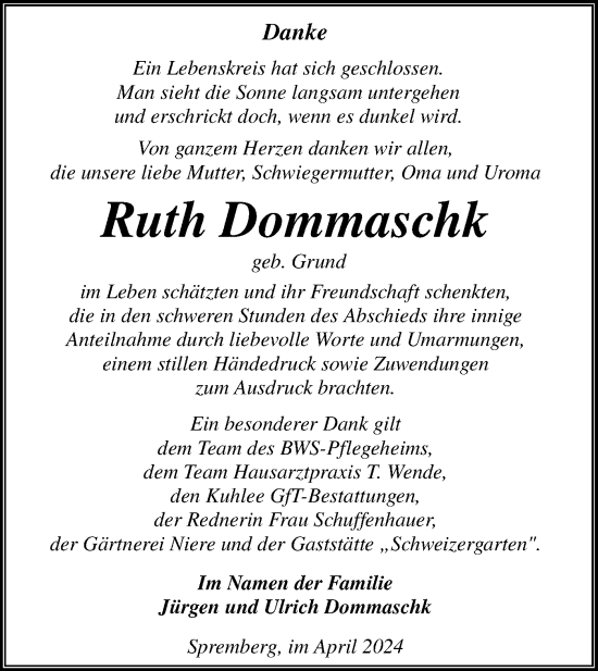 Traueranzeige von Ruth Dommaschk von Lausitzer Rundschau