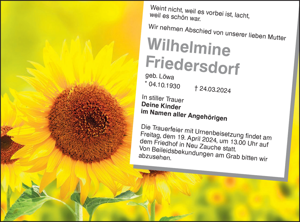  Traueranzeige für Wilhelmine Friedersdorf vom 06.04.2024 aus Lausitzer Rundschau