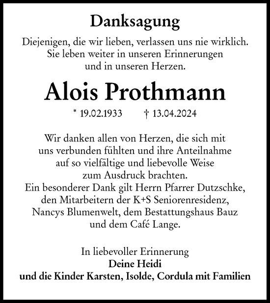 Traueranzeige von Alois Prothmann von Lausitzer Rundschau