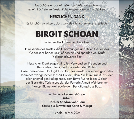 Traueranzeige von Birgit Schoan von Lausitzer Rundschau