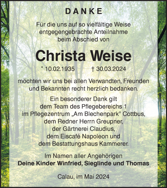 Traueranzeige von Christa Weise von Lausitzer Rundschau