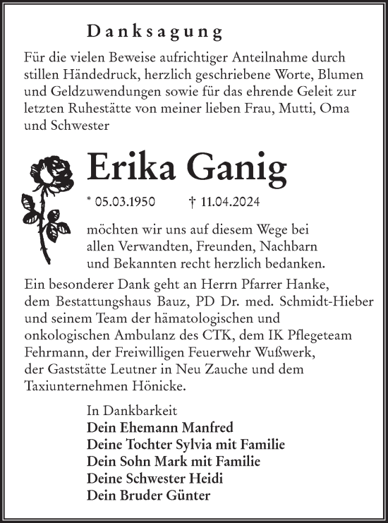 Traueranzeige von Erika Ganig von Lausitzer Rundschau