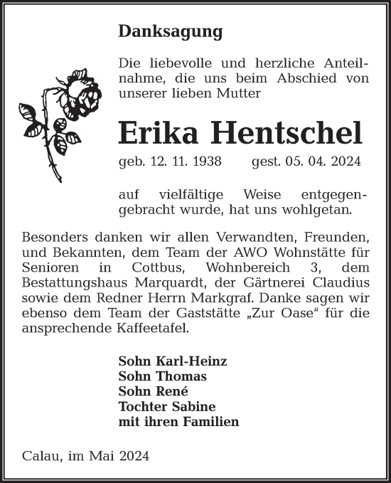 Traueranzeige von Erika Hentschel von Lausitzer Rundschau