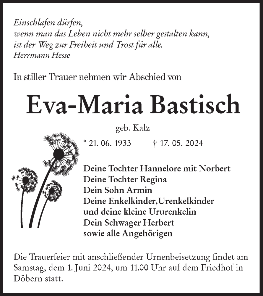  Traueranzeige für Eva-Maria Bastisch vom 25.05.2024 aus Lausitzer Rundschau