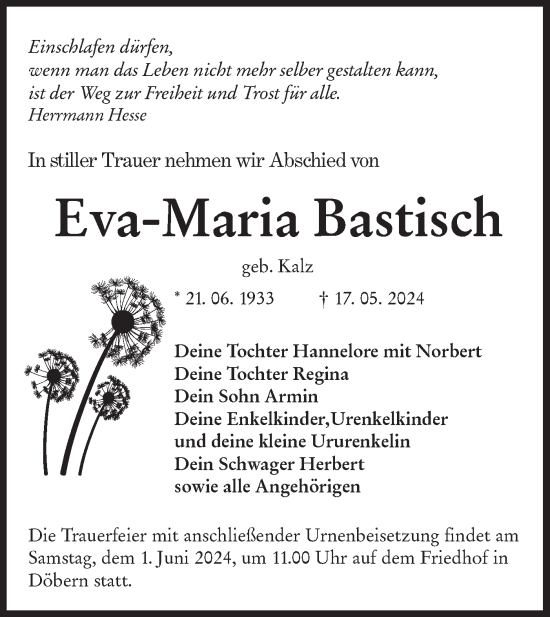 Traueranzeige von Eva-Maria Bastisch von Lausitzer Rundschau