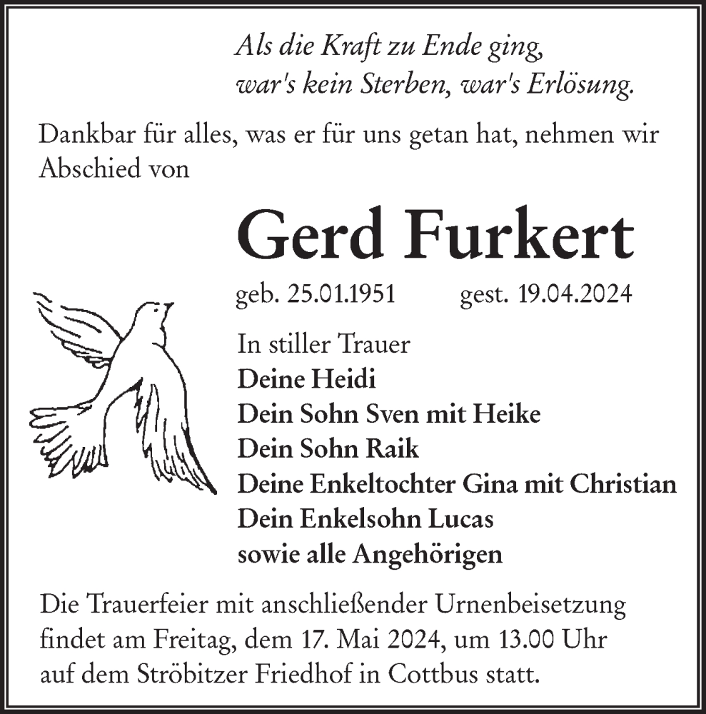  Traueranzeige für Gerd Furkert vom 04.05.2024 aus Lausitzer Rundschau