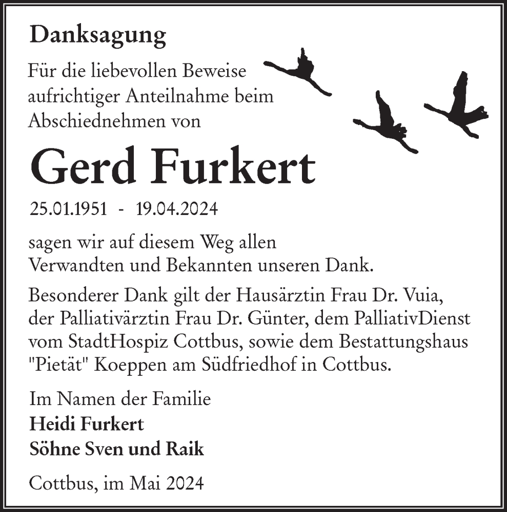  Traueranzeige für Gerd Furkert vom 25.05.2024 aus Lausitzer Rundschau