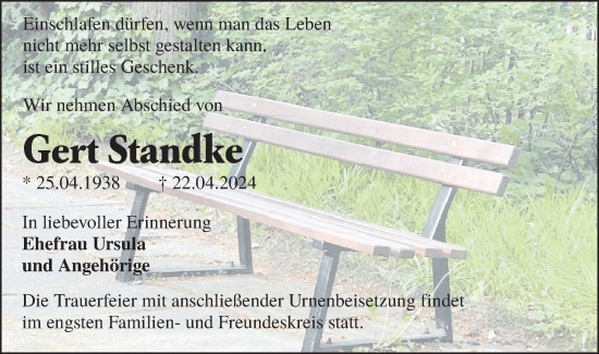Traueranzeige von Gert Standke von Lausitzer Rundschau