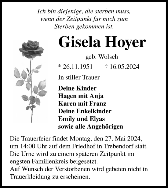 Traueranzeige von Gisela Hoyer von Lausitzer Rundschau