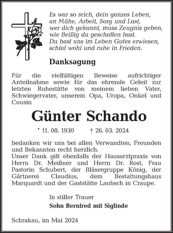 Traueranzeige von Günter Schando von Lausitzer Rundschau
