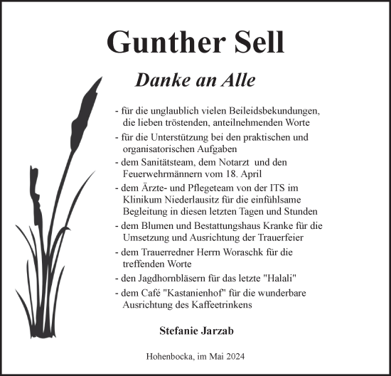 Traueranzeige von Gunther Sell von Lausitzer Rundschau